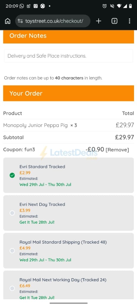 Screenshot of the Toy Street discount code working