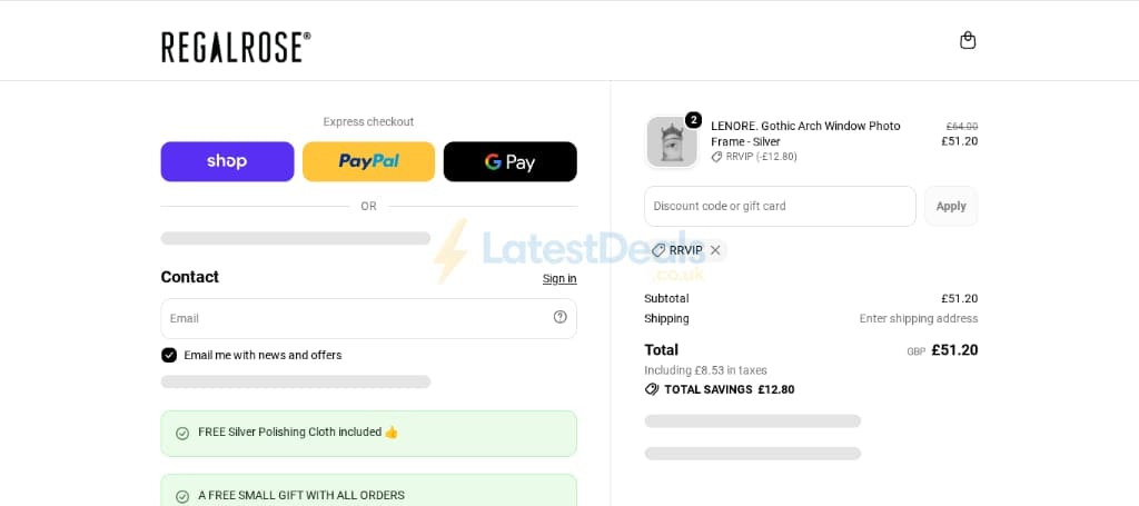 Screenshot of the REGALROSE discount code working
