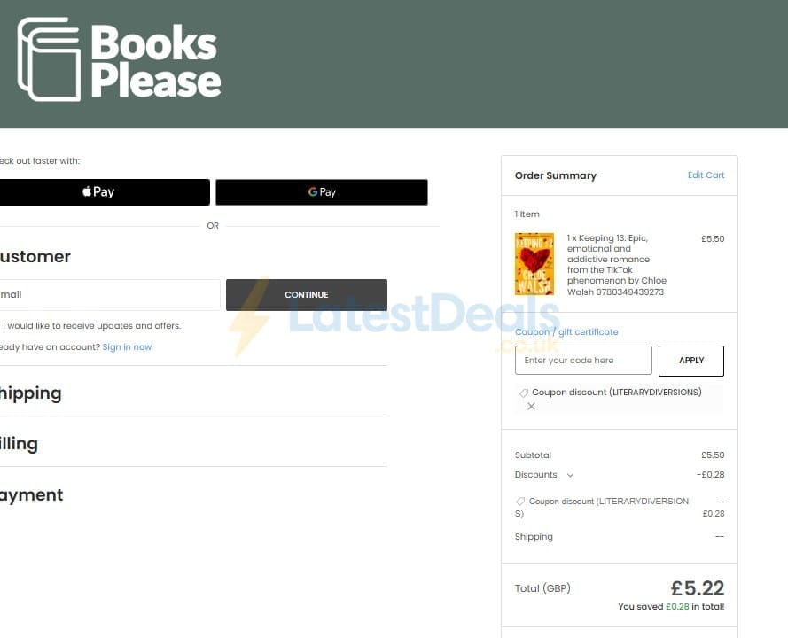 Screenshot of the Books Please discount code working