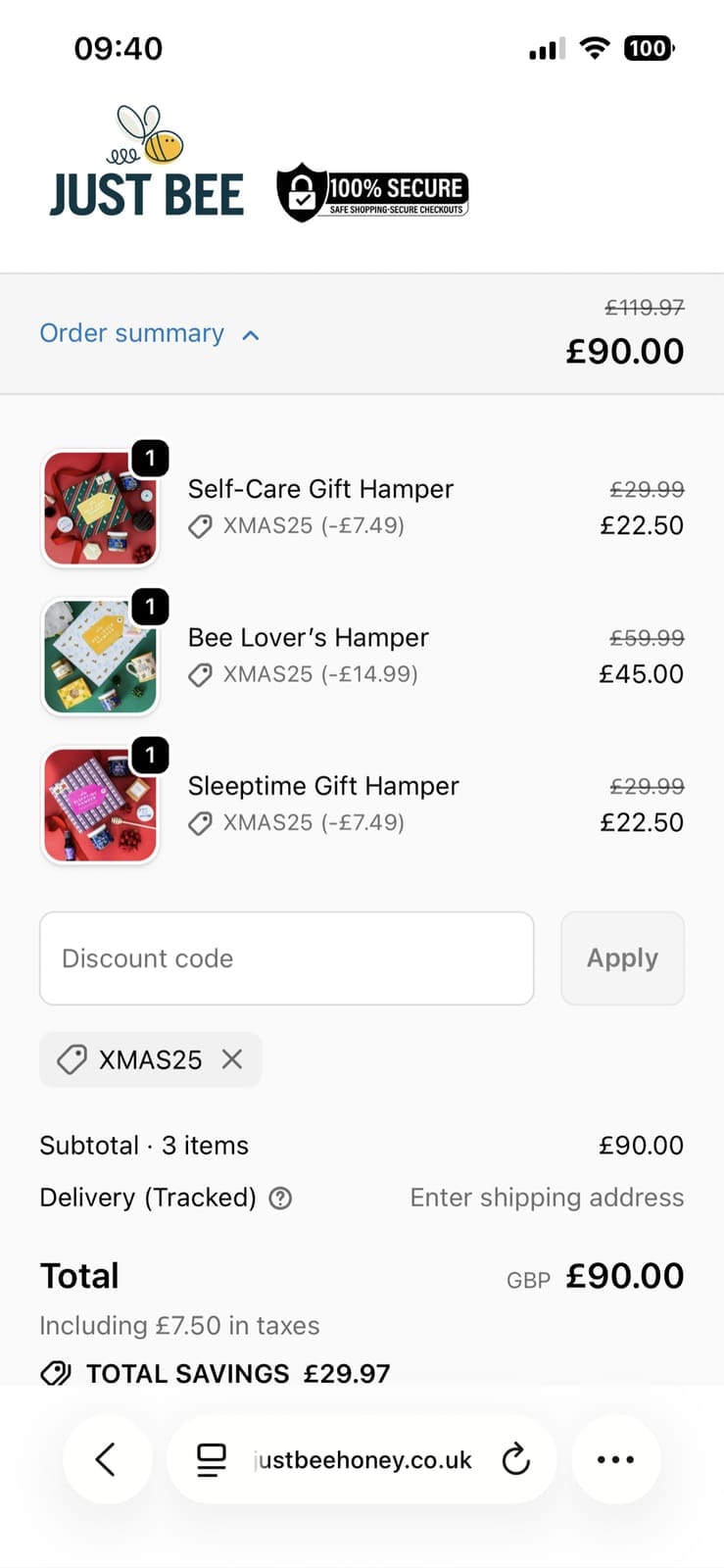 Screenshot of the Just Bee Honey discount code working