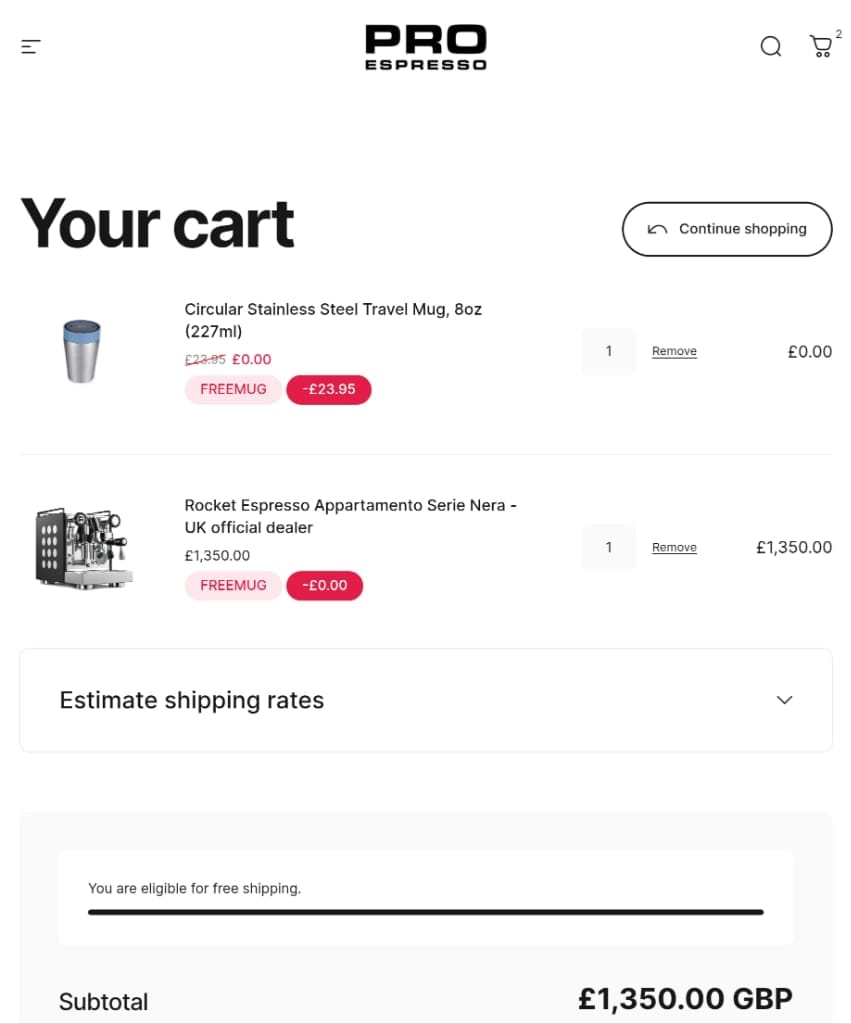 Screenshot of the Pro Espresso discount code working