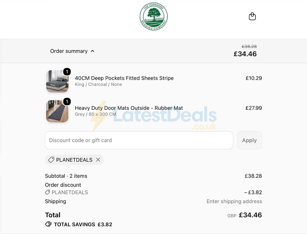 Screenshot of the Yorkshire Bedding discount code working