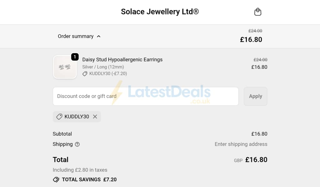 Screenshot of the Solace Jewellery discount code working