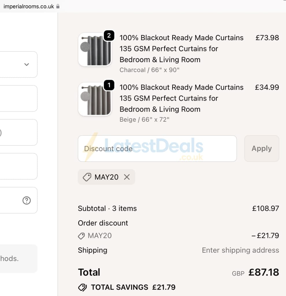 Screenshot of the Imperial Rooms discount code working