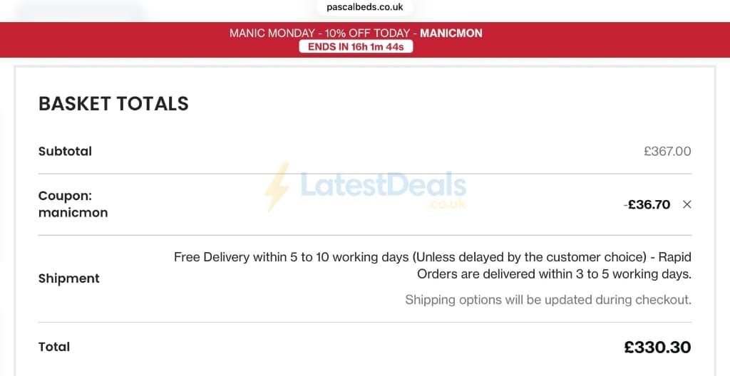 Screenshot of the PSCL Beds discount code working