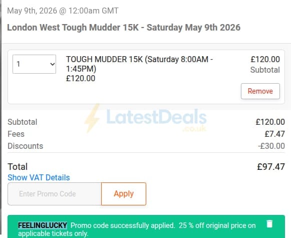Screenshot of the Tough Mudder discount code working