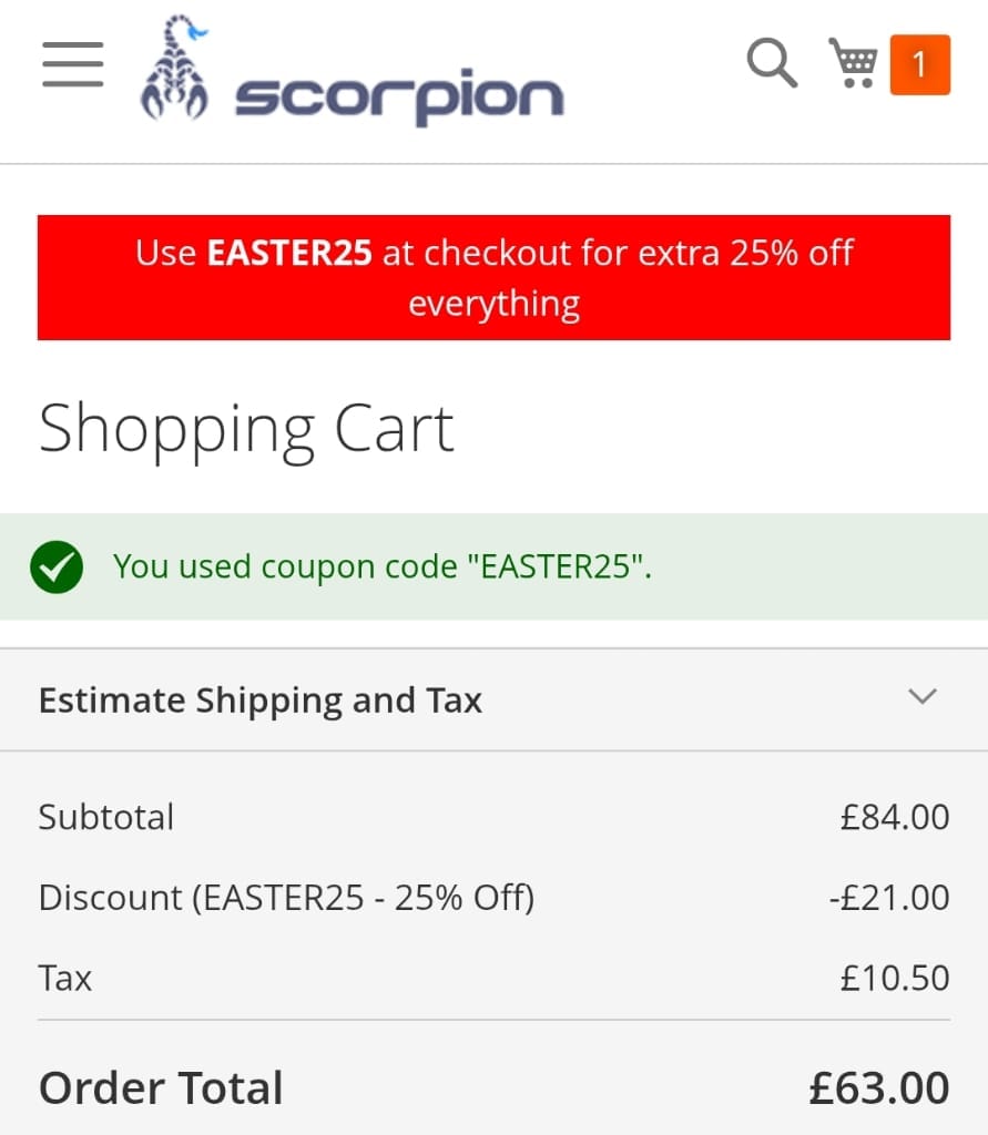 Screenshot of the Scorpion Shoes discount code working