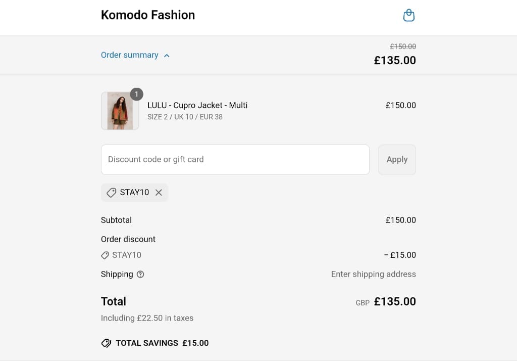 Screenshot of the Komodo discount code working