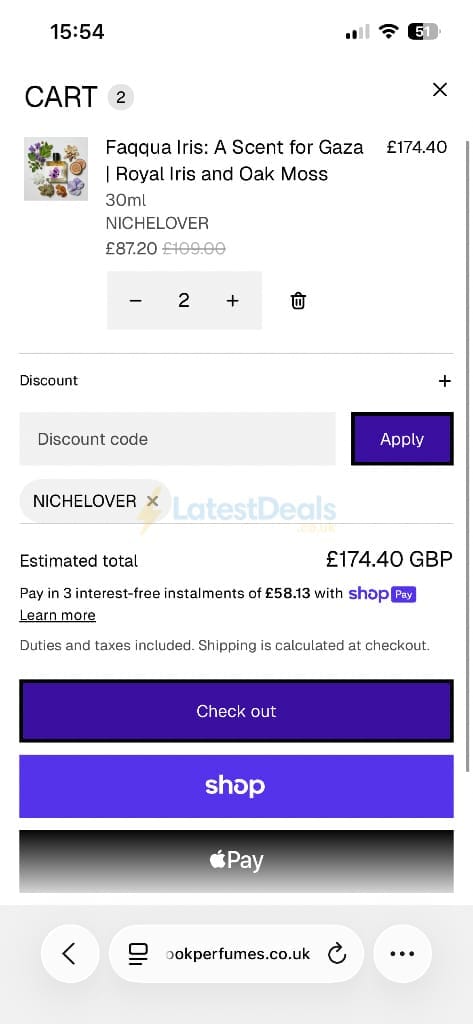 Screenshot of the Rook Perfumes London discount code working