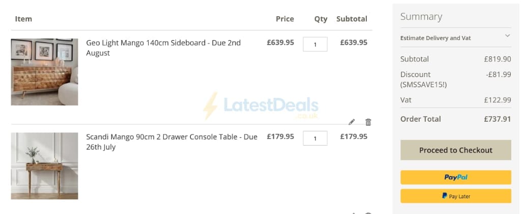 Screenshot of the Trade Furniture Company discount code working