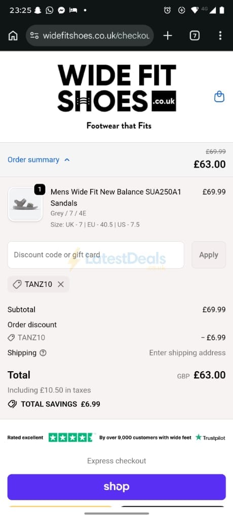 Screenshot of the Wide Fit Shoes discount code working
