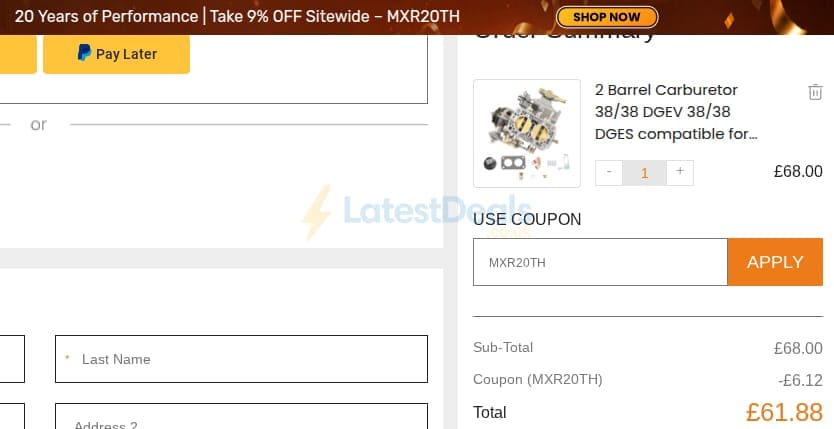 Screenshot of the Maxpeedingrods discount code working