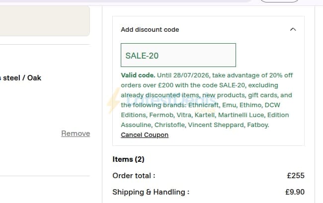 Screenshot of the Made in Design discount code working