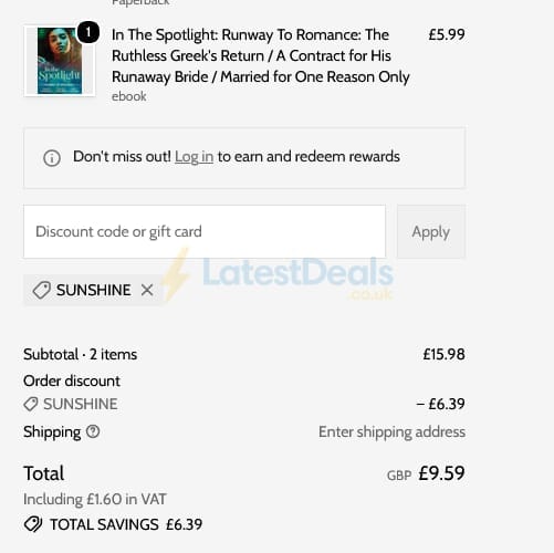 Screenshot of the Mills & Boon discount code working