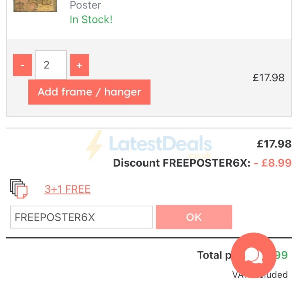 Screenshot of the UKposters discount code working