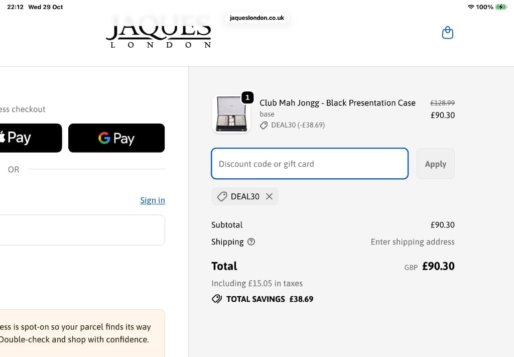 Screenshot of the Jaques London discount code working