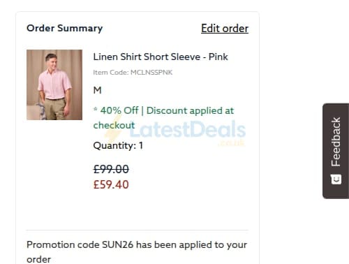 Screenshot of the Joseph Turner discount code working