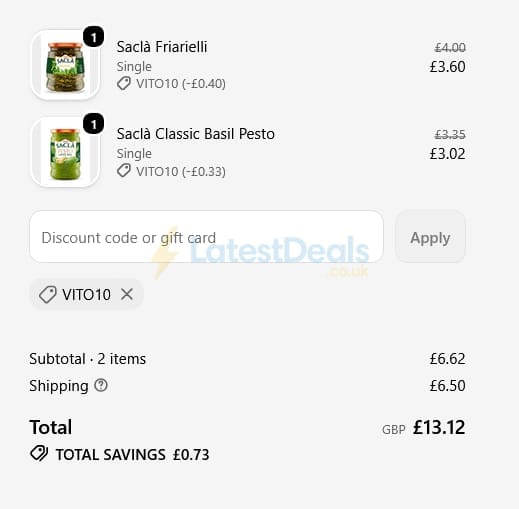 Screenshot of the Sacla discount code working