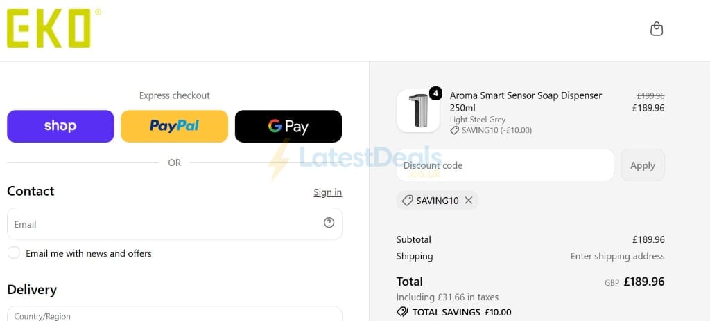 Screenshot of the EKO Home discount code working