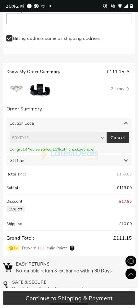 Screenshot of the Jeulia discount code working