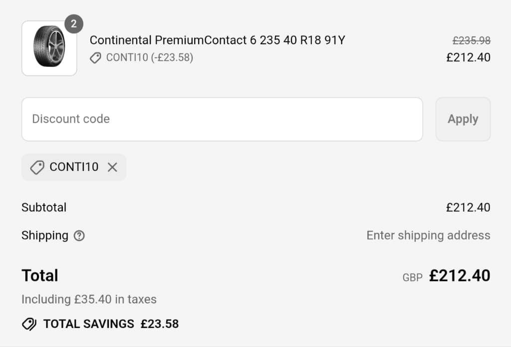 Screenshot of the Tire Streets discount code working