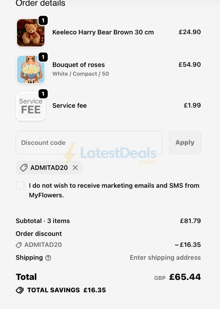 Screenshot of the MyFlowers discount code working