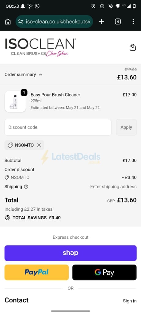 Screenshot of the ISO Clean discount code working