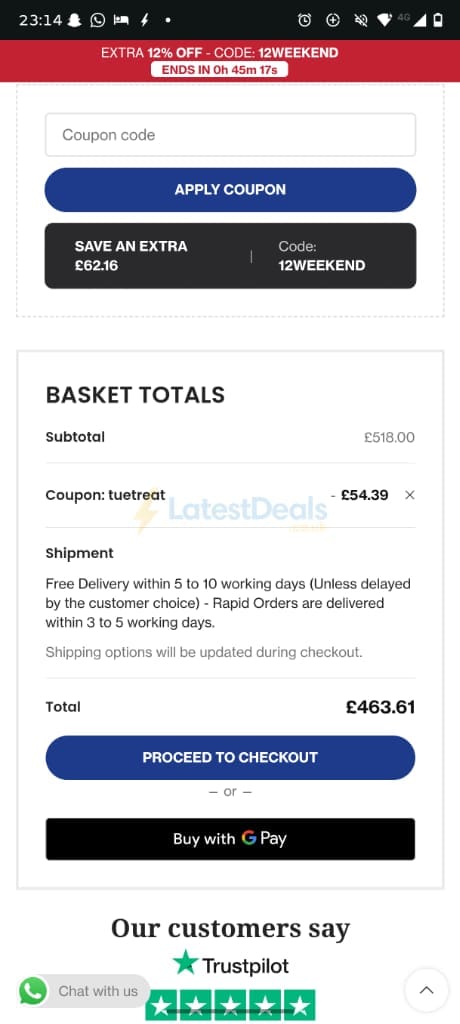 Screenshot of the PSCL Beds discount code working