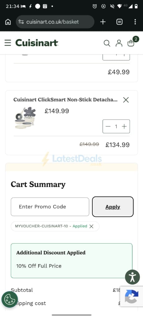 Screenshot of the Cuisinart discount code working