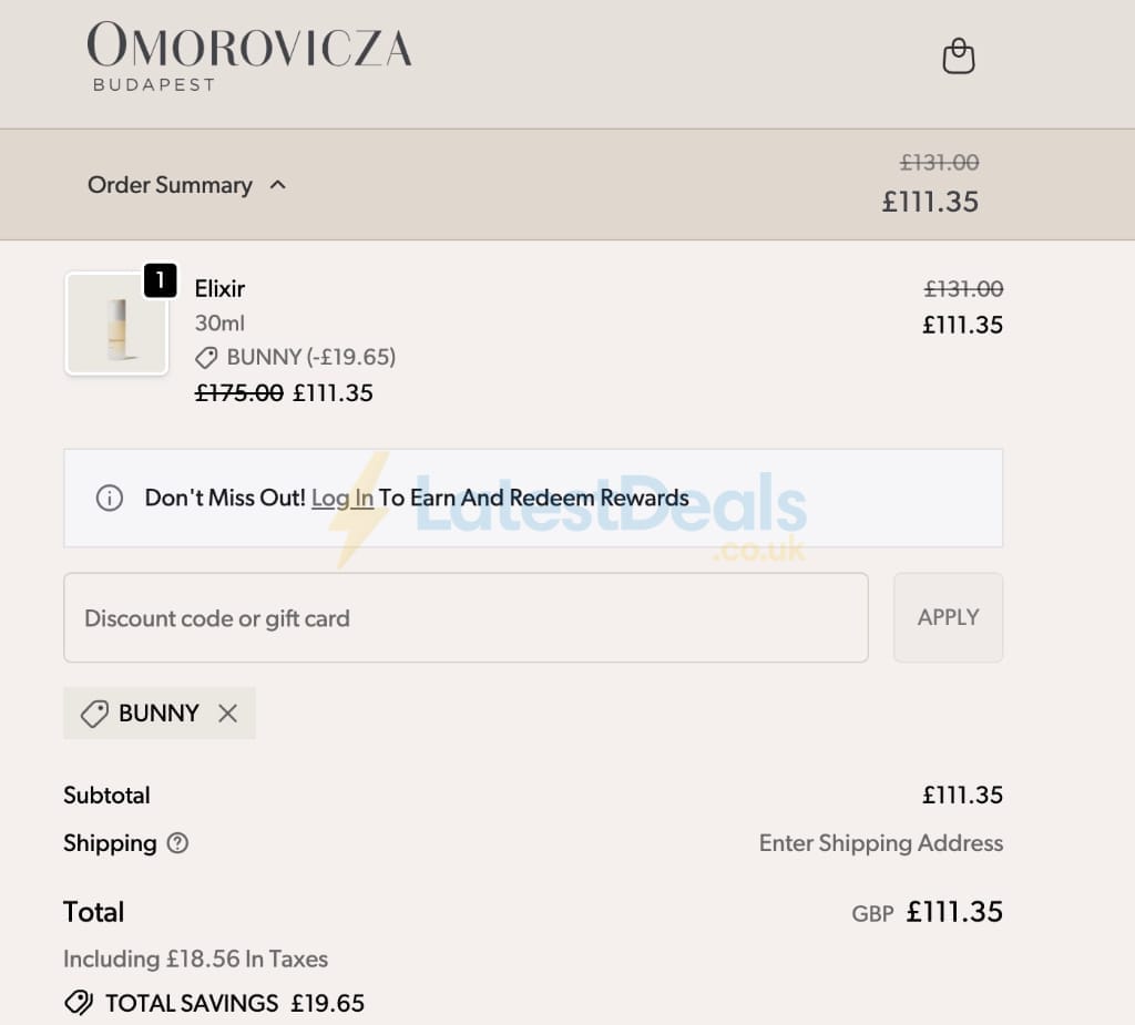 Screenshot of the Omorovicza discount code working