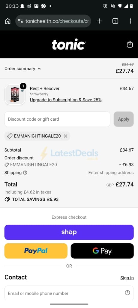Screenshot of the Tonic Health discount code working
