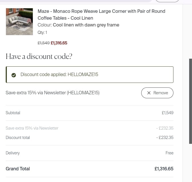 Screenshot of the Maze Living discount code working