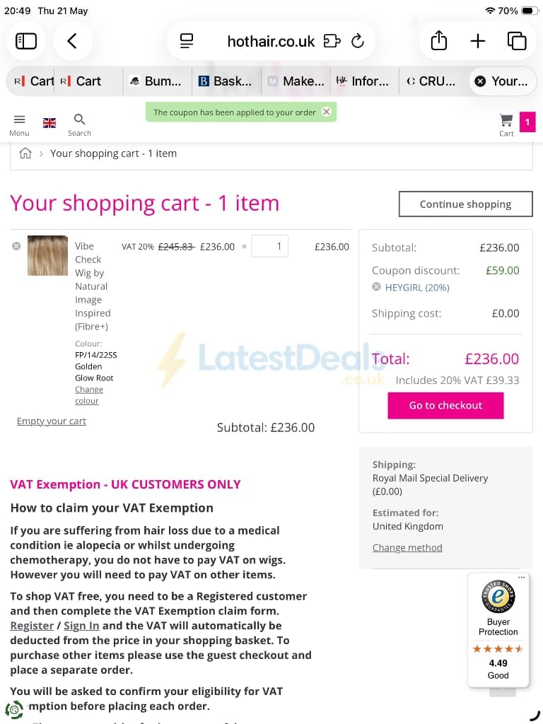 Screenshot of the hothair discount code working