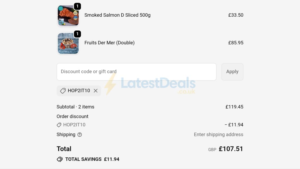Screenshot of the The Cornish Fishmonger discount code working