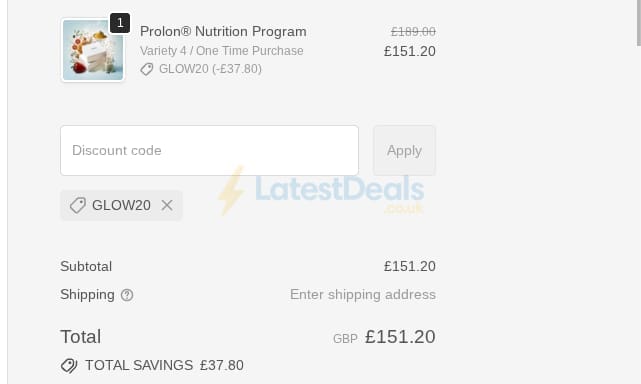 Screenshot of the Prolon UK discount code working