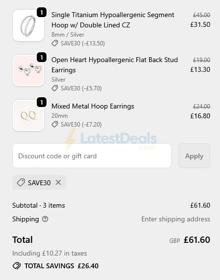 Screenshot of the Solace Jewellery discount code working
