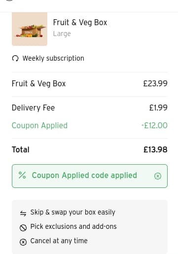 Screenshot of the Oddbox discount code working