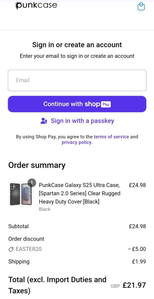 Screenshot of the Punkcases discount code working