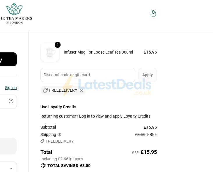Screenshot of the The Tea Makers discount code working