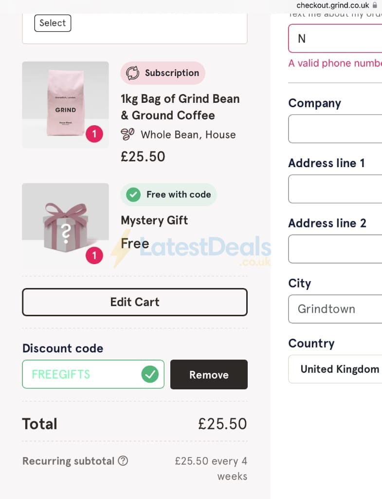 Screenshot of the Grind discount code working