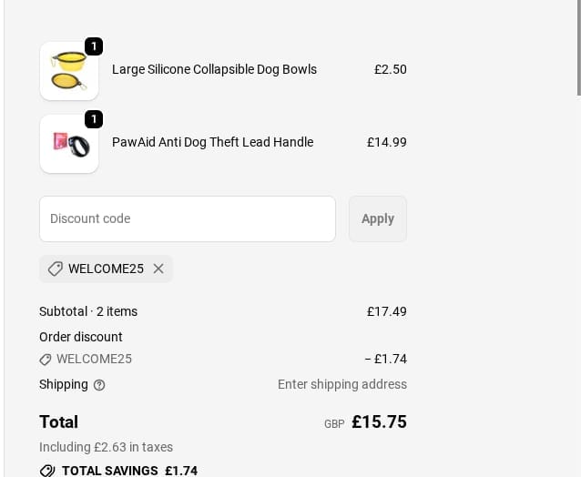 Screenshot of the PawAid discount code working