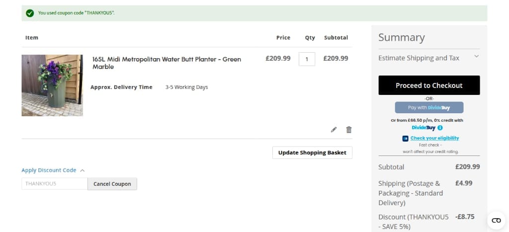 Screenshot of the Water Butts Direct discount code working