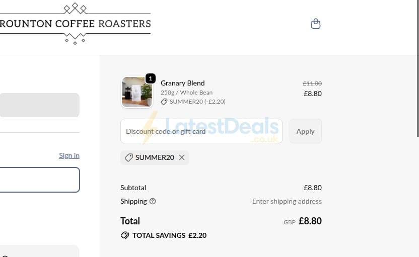 Screenshot of the Rounton Coffee Roasters discount code working