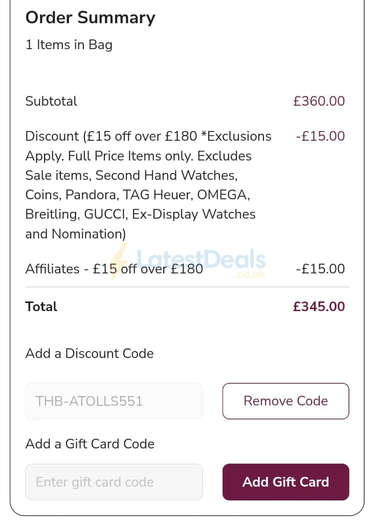 Screenshot of the T. H. Baker discount code working