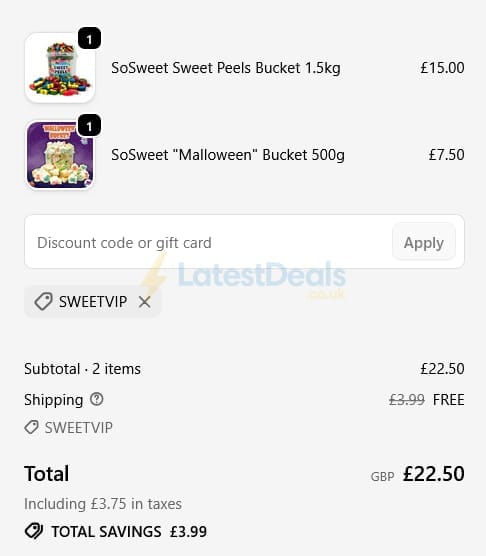 Screenshot of the Sosweetshop discount code working
