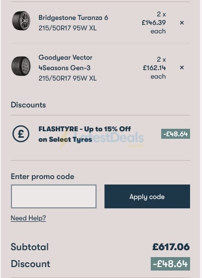 Screenshot of the Protyre discount code working