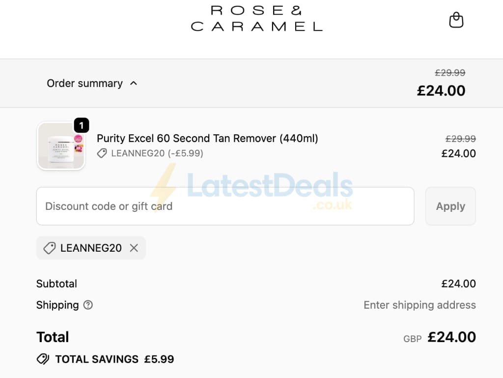 Screenshot of the Rose and Caramel discount code working