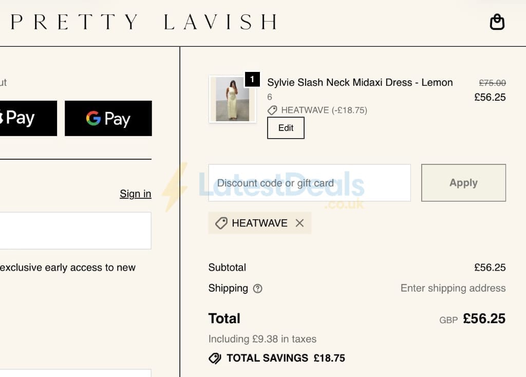 Screenshot of the Pretty Lavish discount code working