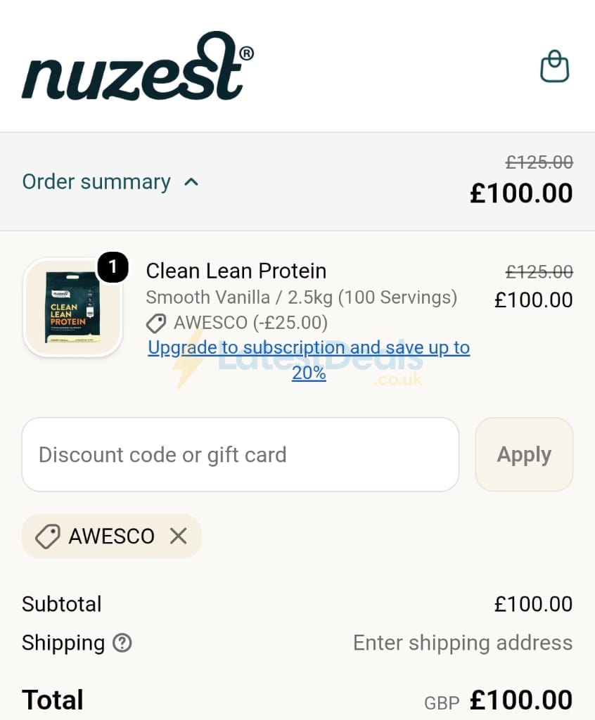 Screenshot of the Nuzest discount code working