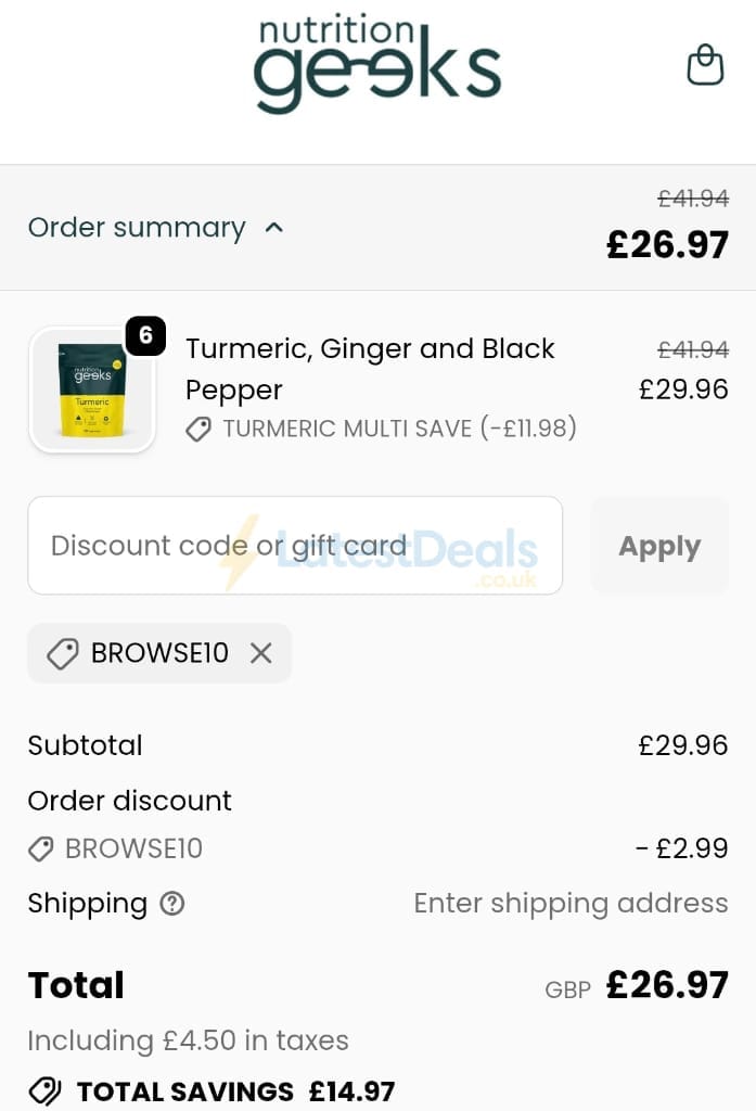 Screenshot of the Nutrition Geeks discount code working